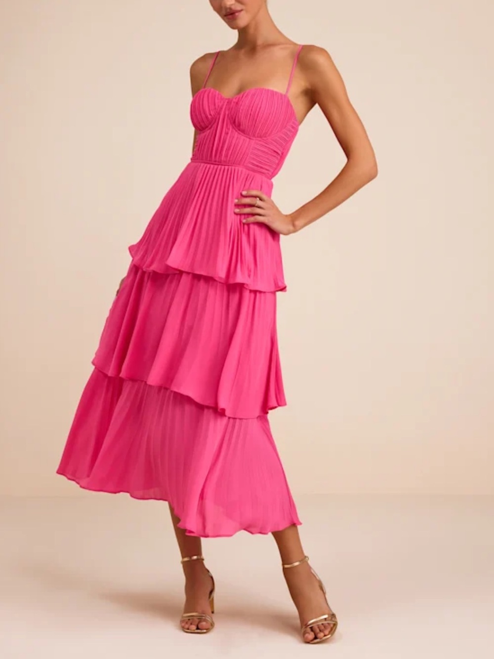 Lulus Cascading Crush Hot Pink Tiered Bustier Midi Dress